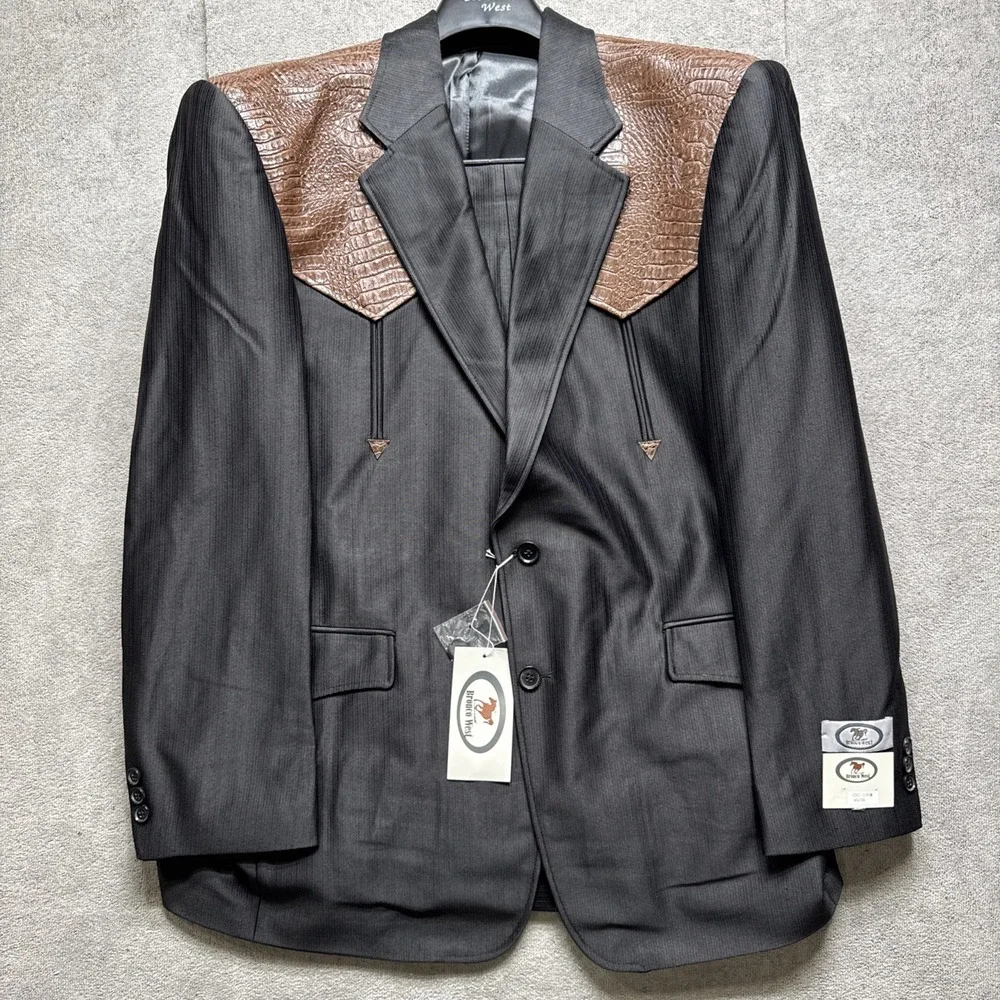 70s Vtg Maximos Suit Mens‎ 46/36 Black Brown Western Point Yoke Rockabilly Prom